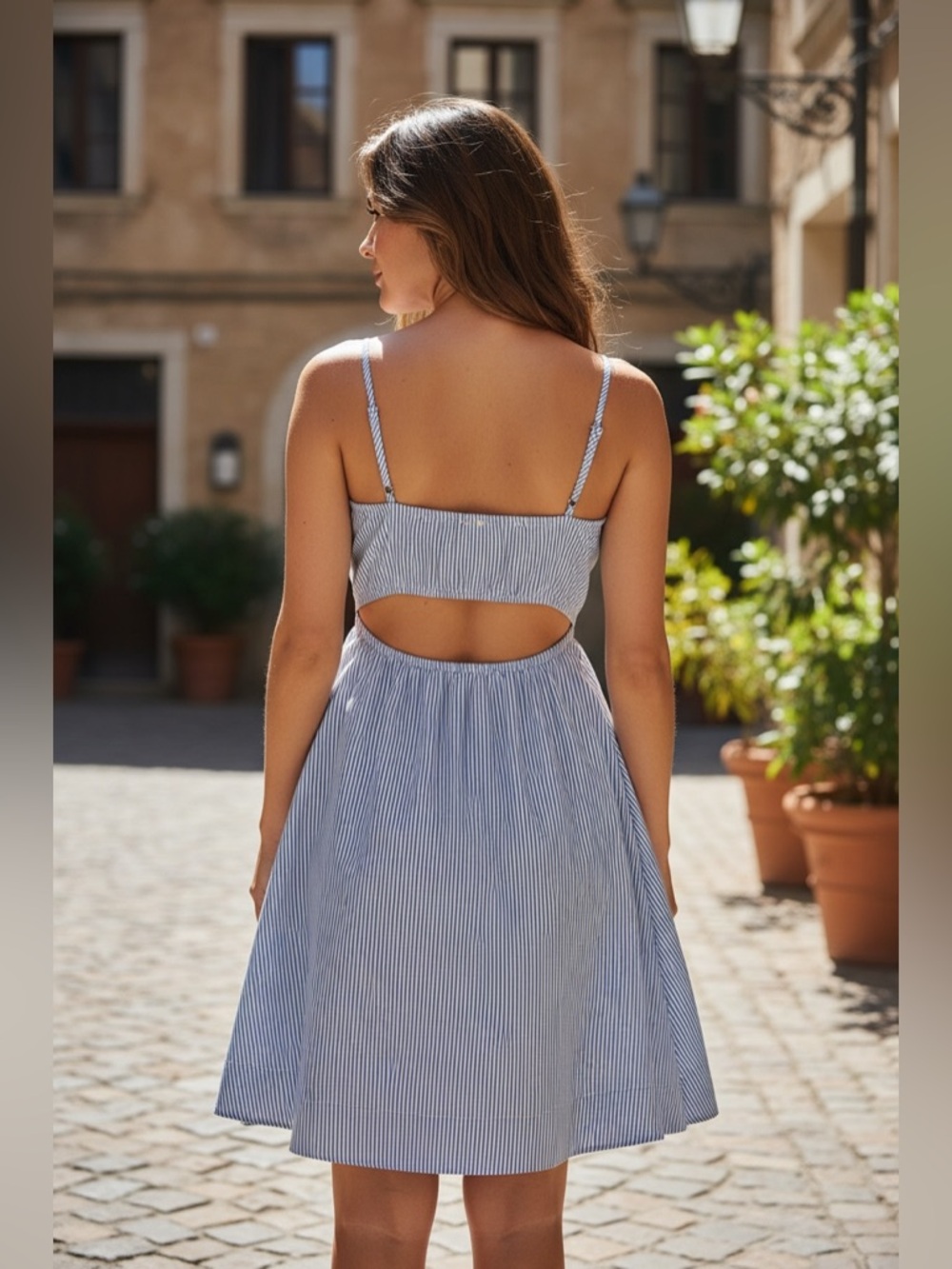 Women's Blue and White Striped Sleeveless Summer Dress - Picture 3 of 8